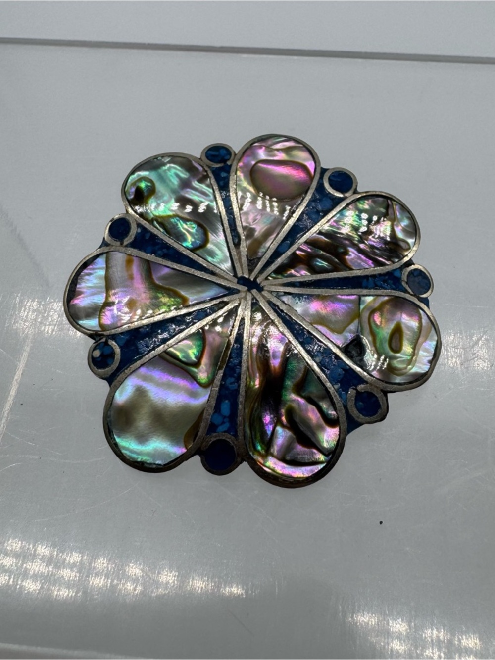 Vintage Mexico Abalone Mother of Pearl Brooch Blue Inlay Floral Pin